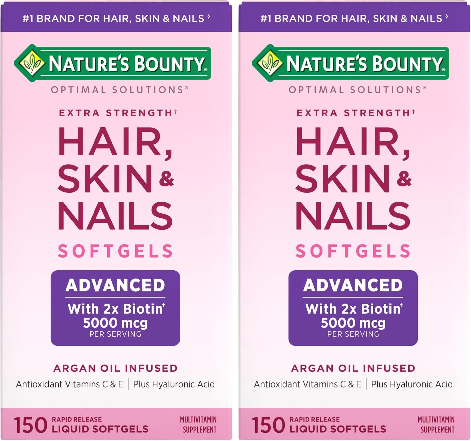 Advanced Hair, Skin & Nails, Argan-Infused Vitamin Supplement with Biotin and Hyaluronic Acid, 150 Rapid Release Softgels (Pack of 2)