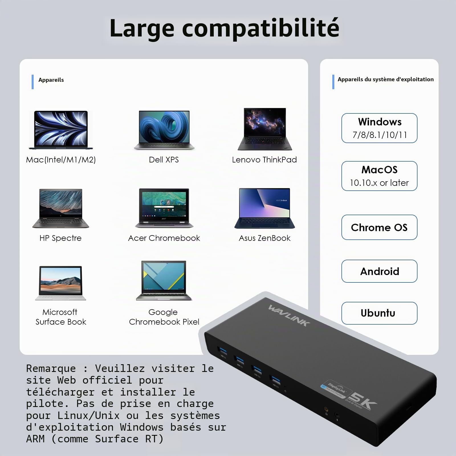 WAVLINK Station d’Accueil USB-C 14 en 1, Hub Universal avec 65W PD, 5K / Double 4K @60Hz, 2X HDMI & 2X DisplayPort, Technologie DisplayLink, Compatible Windows, Mac & New MacBook Neo