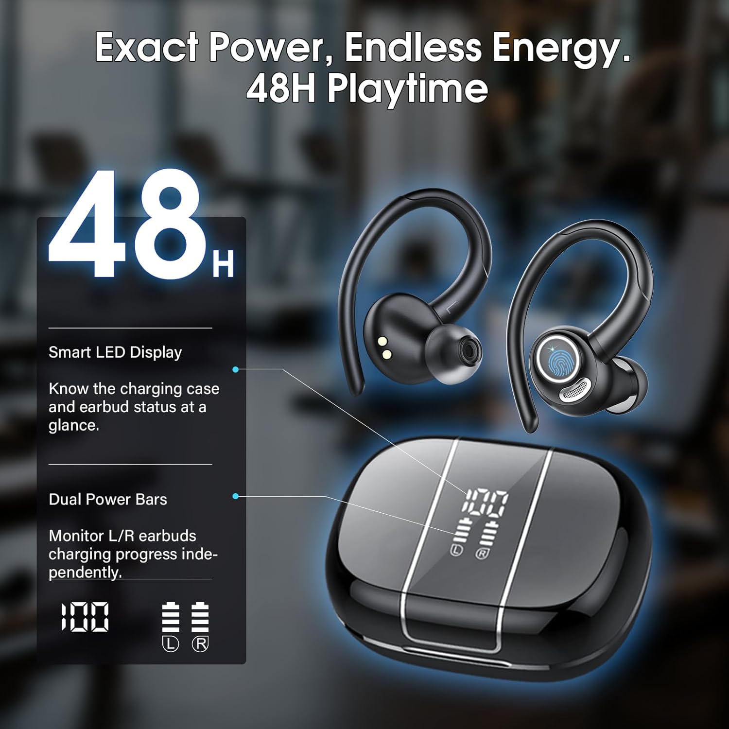 Csasan Auriculares inalámbricos Deportivos, Cascos Sonido Premium Negro | 48H Bluetooth 5.3 Auriculares con HD Micrófono y Pantalla LED, Diseño de Gancho de Aire, iOS Android para Deportes/Fitness