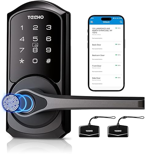 TEEHO Smart Lock - Cerradura de puerta con teclado con mango - Cerradura de puerta de huellas dactilares 6 en 1 para puerta delantera - Control de