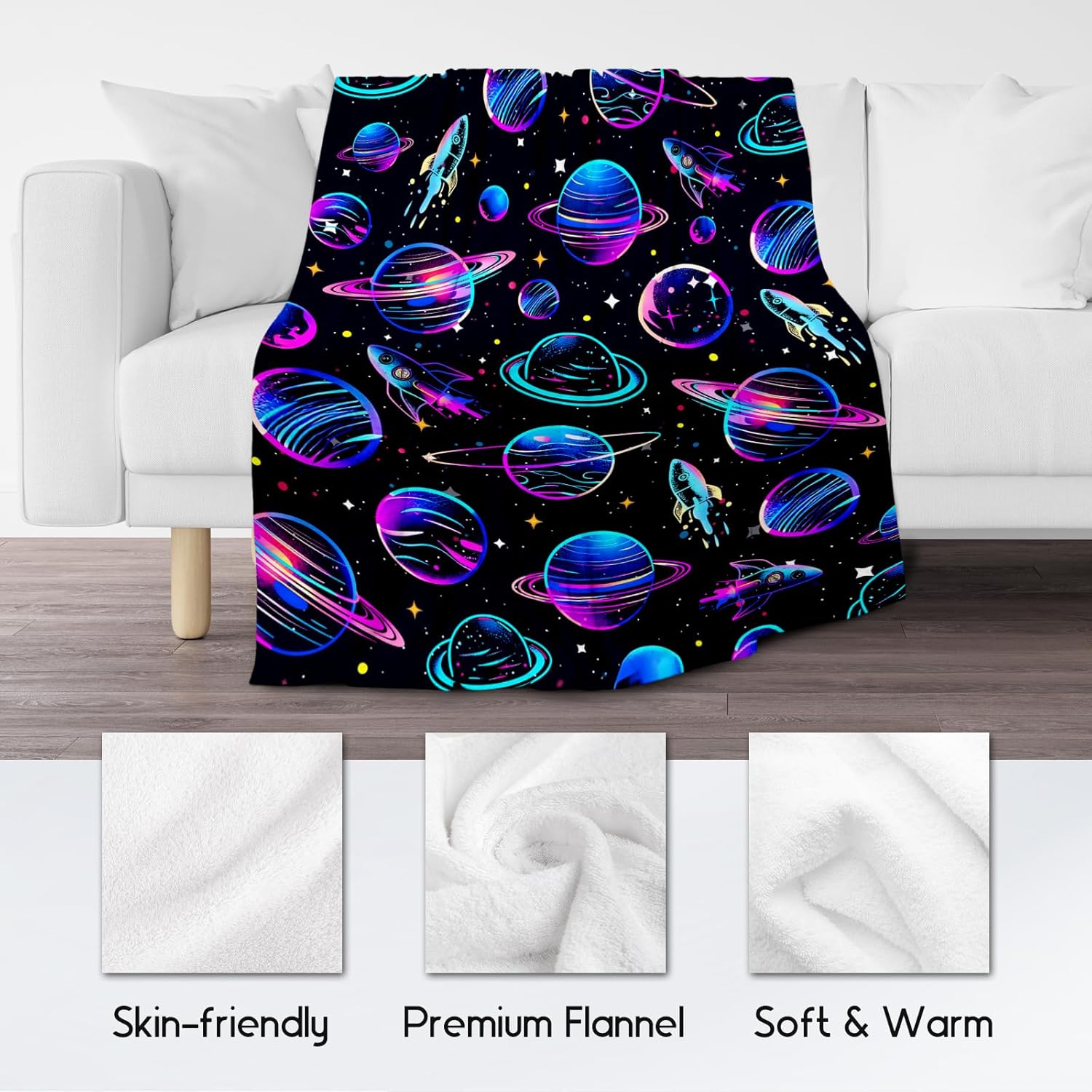 Planet Blanket for Kids, Planet Blankets Gifts for Boys, Flannel Soft Throw for Boys Teen, Kid Decorations for Room Couch Sofa (Black, 50x60 Inch)