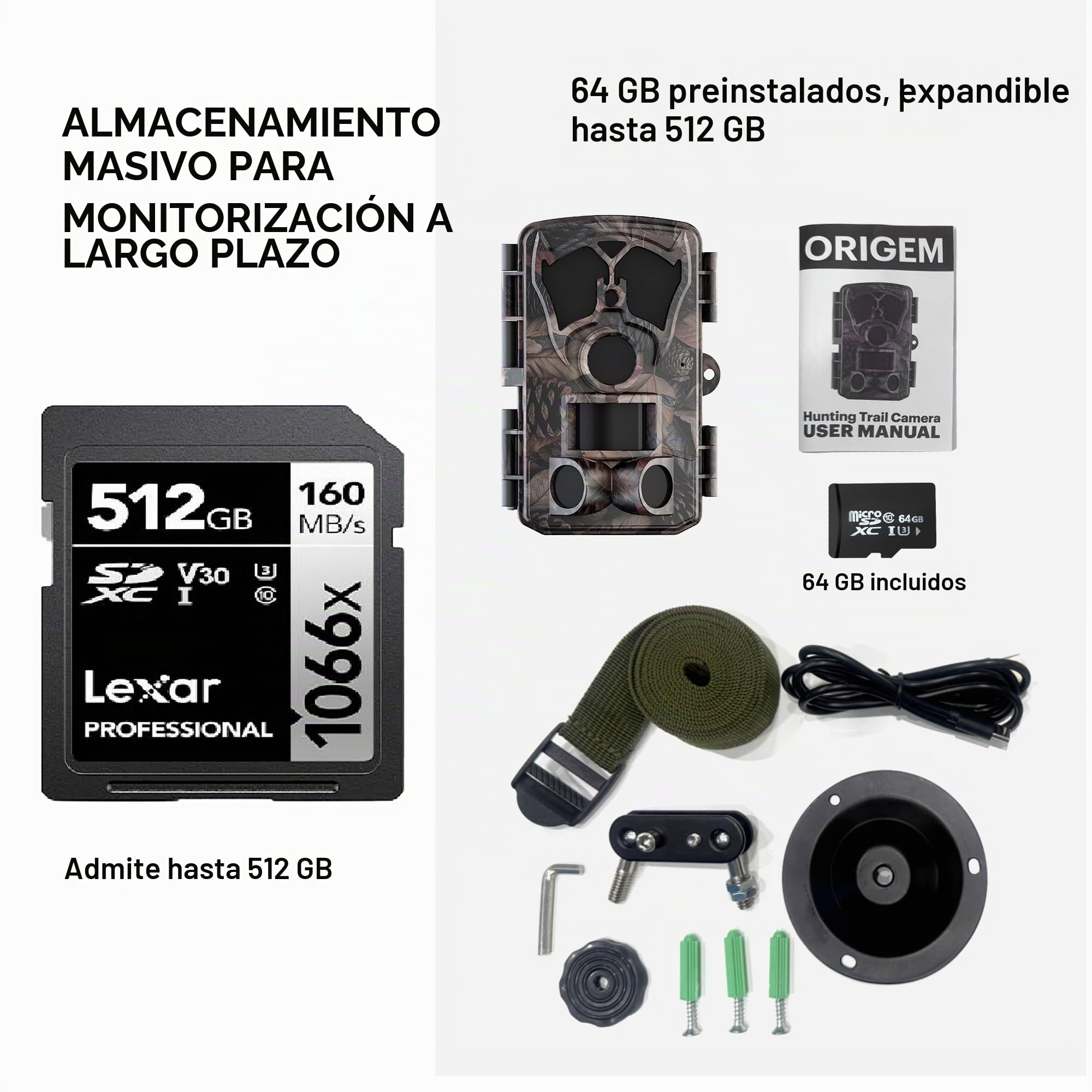 Origem Camara Fototrampeo WiFi 64MP 4K, Cámara Caza con Tarjeta SD de 64 GB,0.1s Disparo, IR Invisible 940nm, Visión Nocturna 25m IP66 Impermeable para Vigilancia Forestal