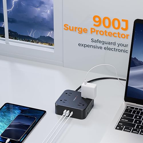 Miniatura 5 de Protector de sobretensiones de enchufe plano, cable de extensión negro, 8 salidas de CA, 3 cargadores USB (1 puerto USB C) extensor de 3 salidas