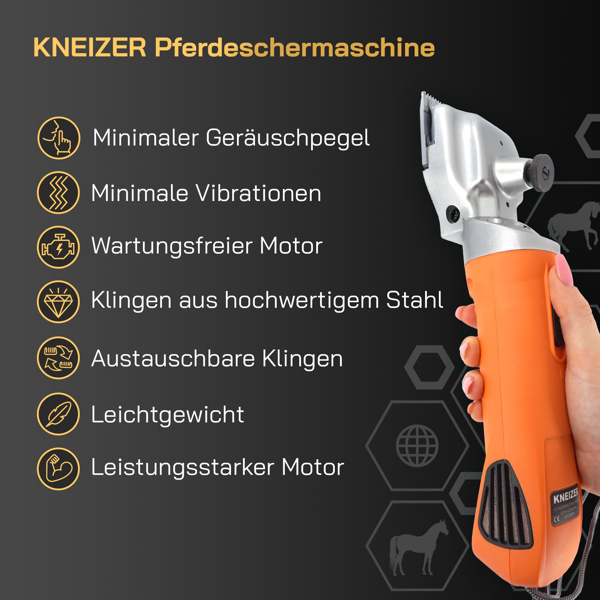 Pferdeschermaschine - Mit austauschbaren Klingen – Leise und vibrationsarm – Seelenfrieden für das Pferd – Geeignet für alle Fellarten und Körperteile – Wartungsfrei