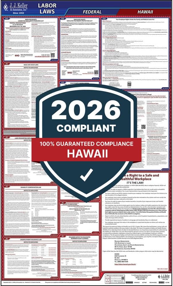 2026 Hawaii and Federal Labor Law Poster (English, HI State) - OSHA Compliant All-in-One Laminated Poster, J. J. Keller & Associates, Inc.