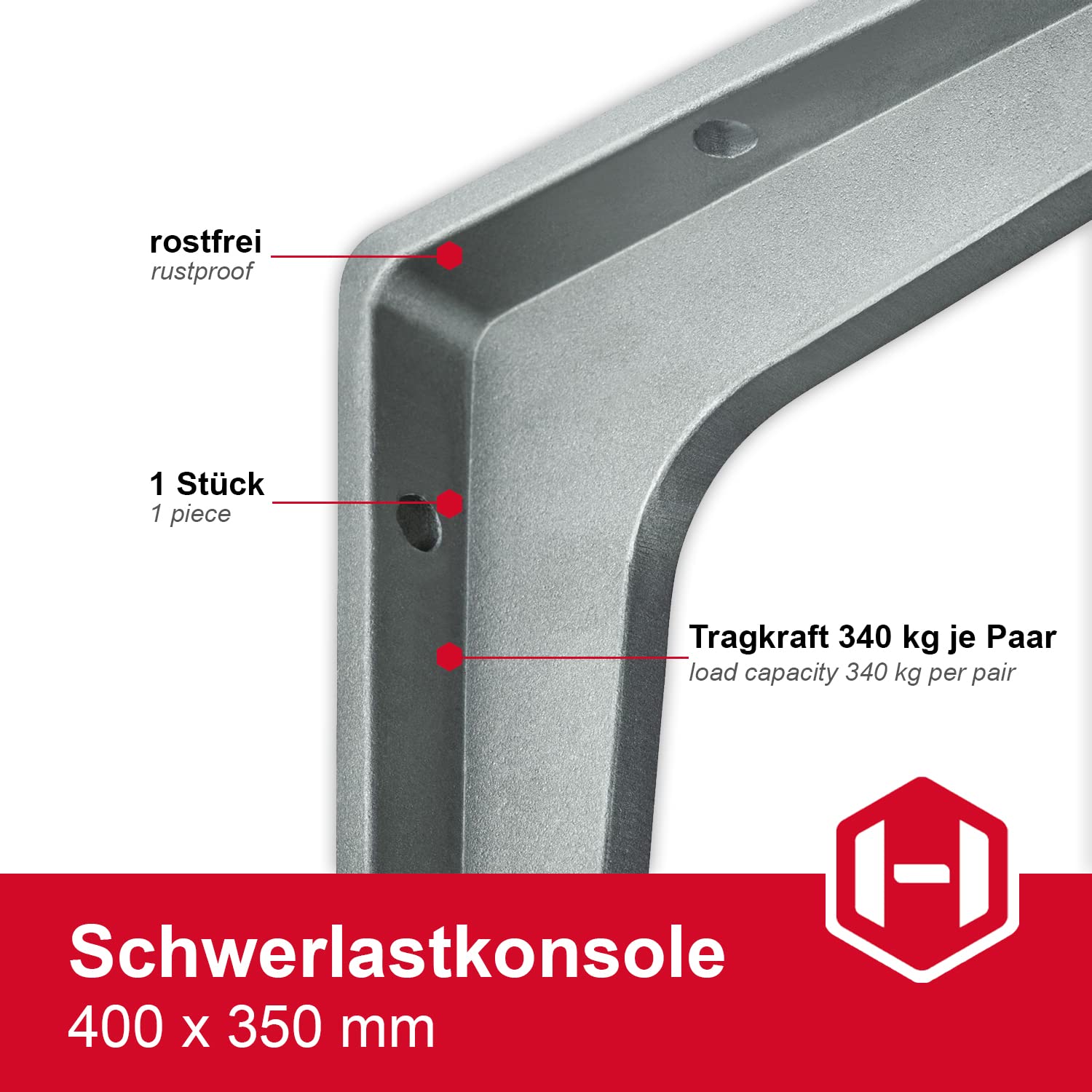 Gedotec Herakles - Consola de aluminio para estanterías pesadas (400 mm, 10 unidades, soporte de aluminio, capacidad de carga de 340 kg, para suelos de madera, soporte de estante inoxidable