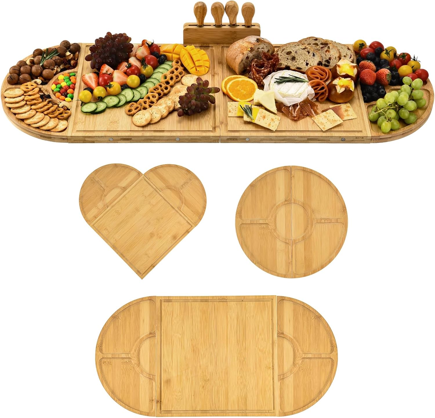 Bamboo Charcuterie Boards and Knife Set, 4 in 1 Long & Round Magnetic Extra Large Cheese Platter - Gifts for House Warming New Home, Bridal Shower, Wedding 4 in 1 Board Set