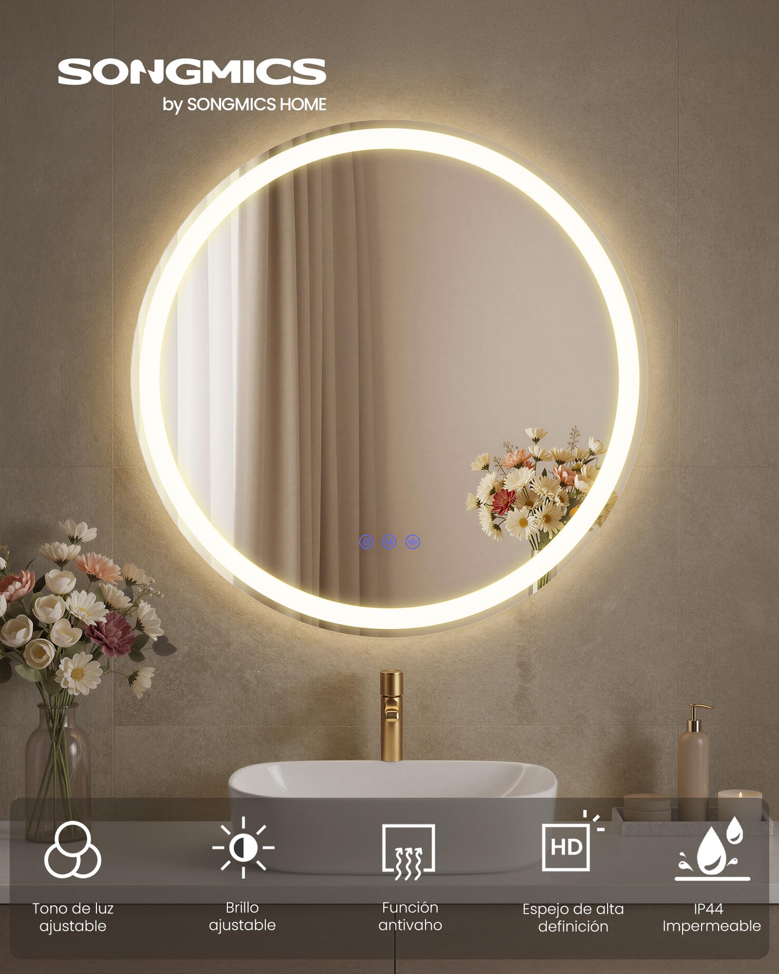 SONGMICS Espejo de Baño con Luz, Espejo de Pared Redondo, Función Antivaho, Tono y Brillo Ajustables, Maquillaje, Dormitorio, Baño, 61 cm, Blanco Nube LWM211WC02
