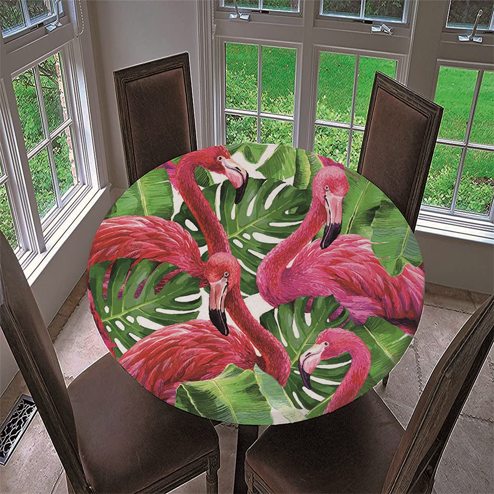 Chickwin Round Fitted Tablecloth Elastic Edged, 3D Summer Tropical Flamingo Pattern Tablecloth Waterproof Wipe Clean Table Cover for Cafe Kitchen Outdoor Family Gathering (Red Flamingo,90cm)