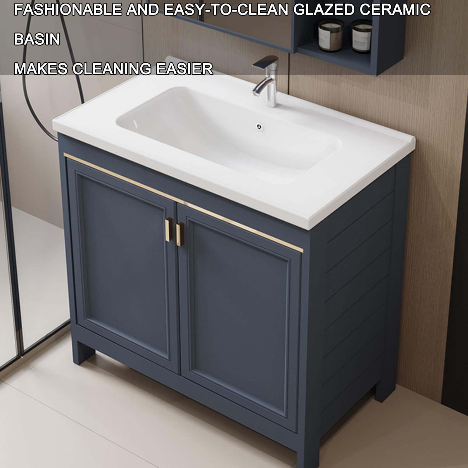 Mueble de baño independiente con fregadero de cerámica, 50 cm, grifo de agua fría/caliente, almacenamiento versátil para sala de estar, cocina, oficina, armario, un color de 60 cm, un color de 70 cm