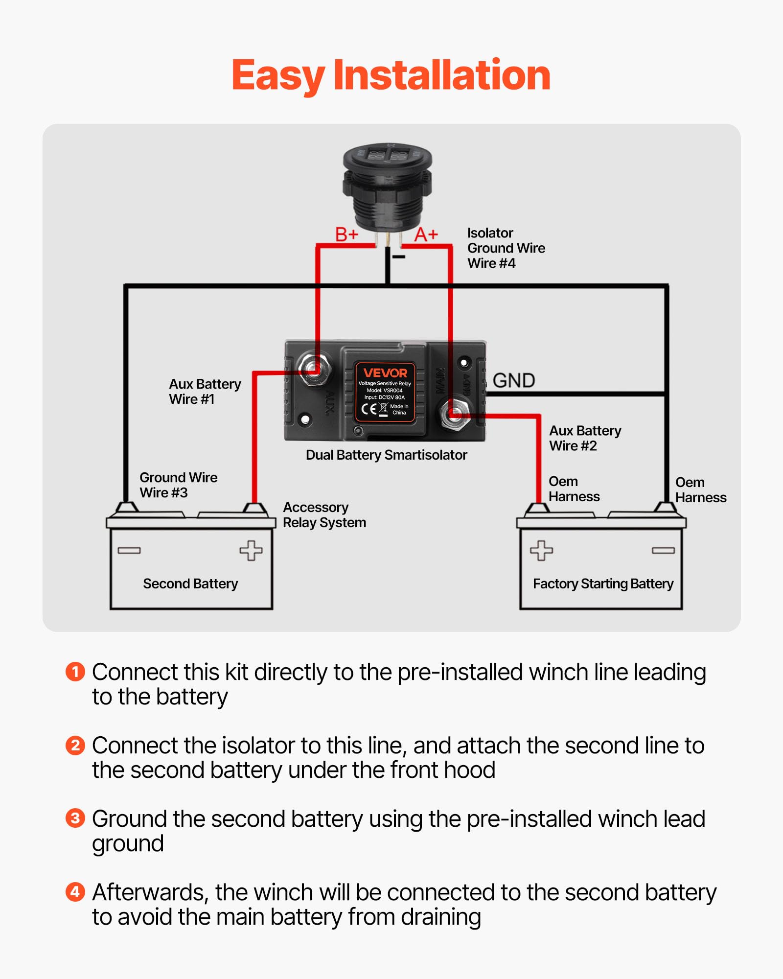 VEVOR Kit Isolatore Batteria Doppia 12 V 80 Amp, Relè Sensibile alla Tensione VSR Manuale e Automatico con Voltmetro, Schermo LCD, Isolatore Compatibile con Batterie al Piombo, per Furgone Camper