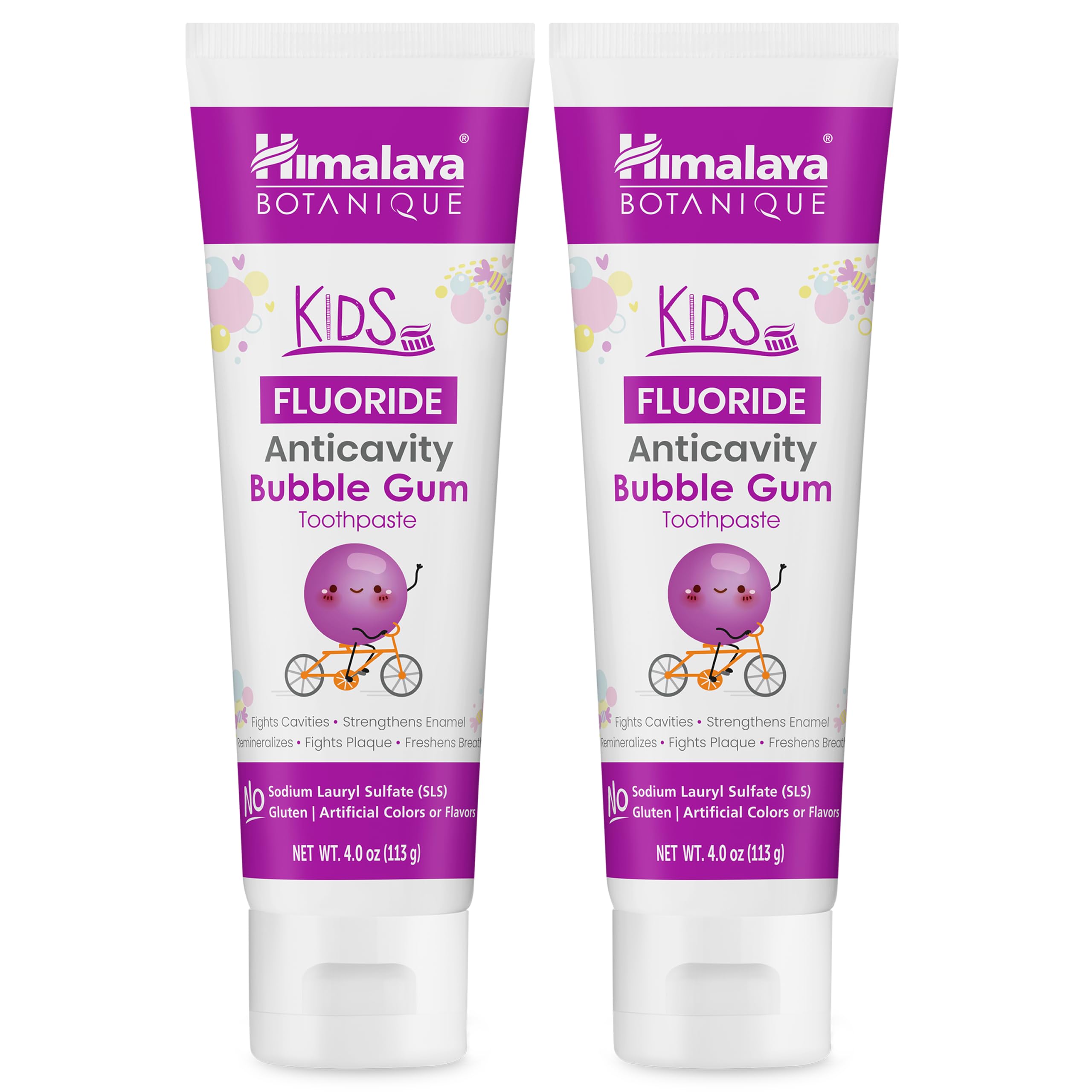 Himalaya Botanique Kids Fluoride Anticavity Toothpaste, Bubble Gum Flavor, Fluoride Toothpaste, Helps Prevents Cavities, Vegan, SLS Free, No Artificial Colors or Flavors, Gluten Free, 4 oz, 2 Pack