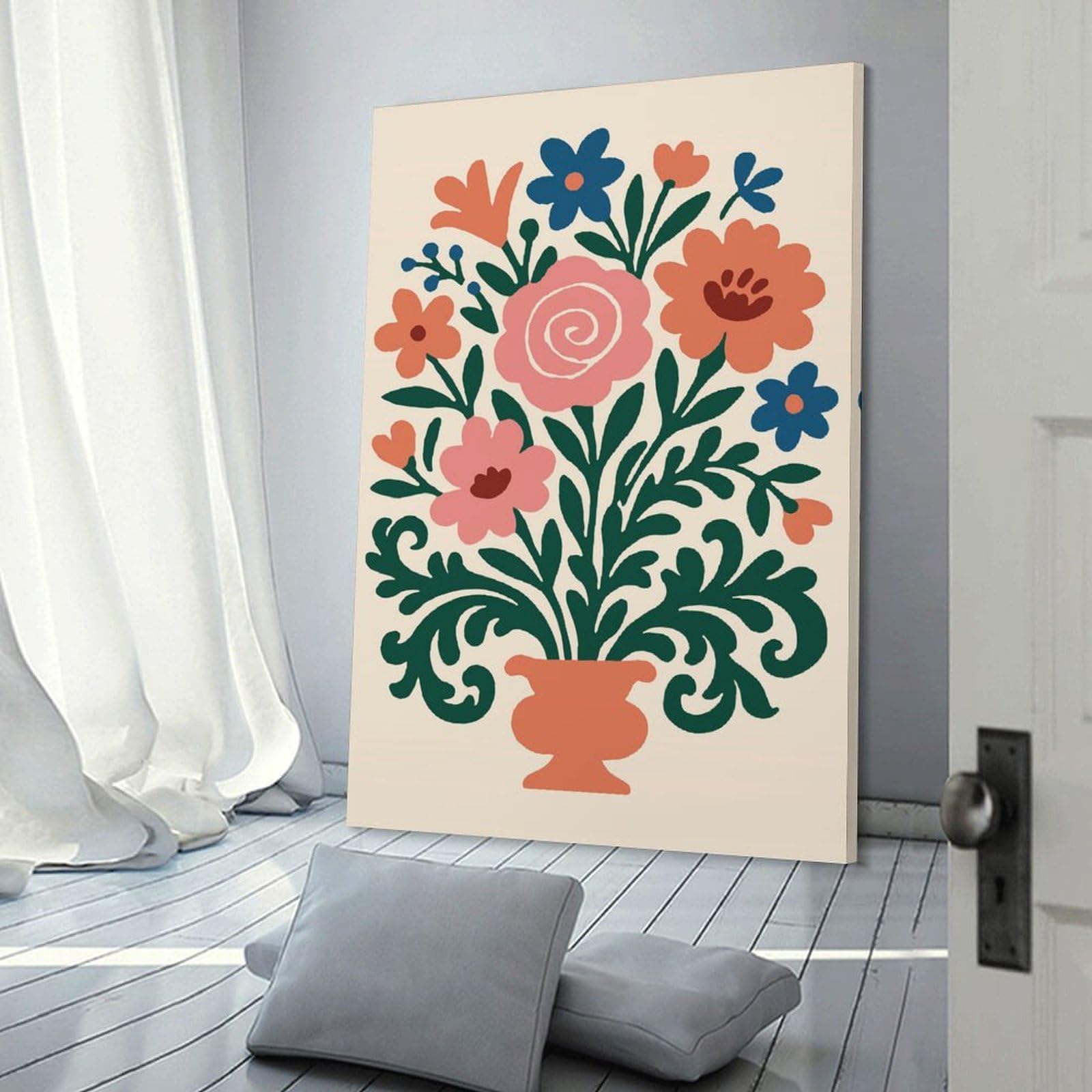 Junmoney Frame-Style Canvas Art Print Floral Bouquet In Vase Illustration, 24X36inch(60X90cm), For Office, Study Or Home Workspace, Home Office Artwork With Decorative Appeal