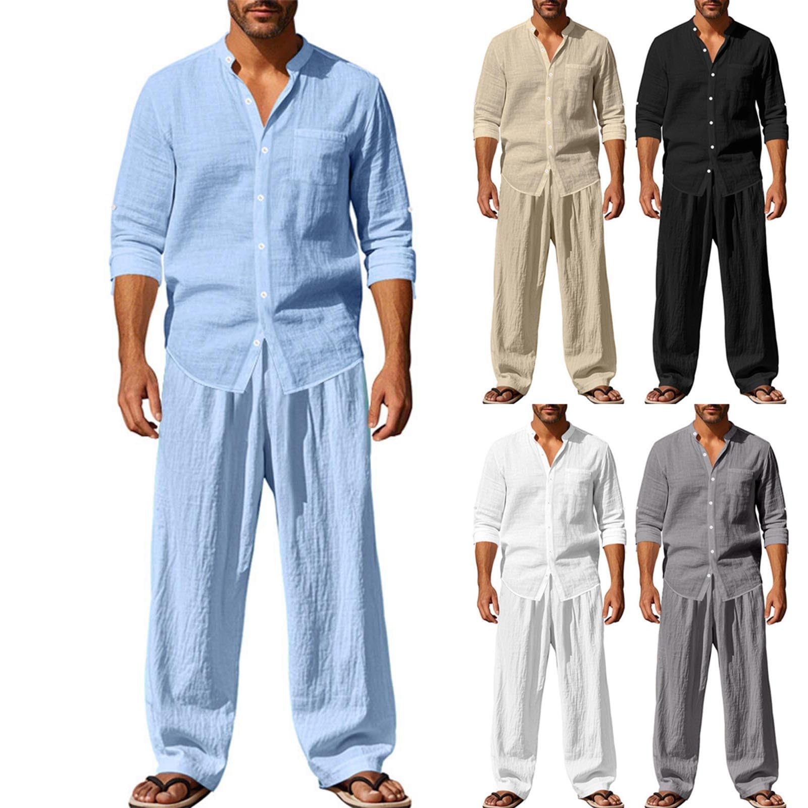 EMATOP Leinen Outfits Herren Sommer Leicht Sportanzug Lässiges Einfarbig Jogginganzug Baumwolle Leinen Tracksuit Casual 2 Teiliges Sommerhemd und Lang Hosen Freizeitanzug Zweiteiler Workout Set