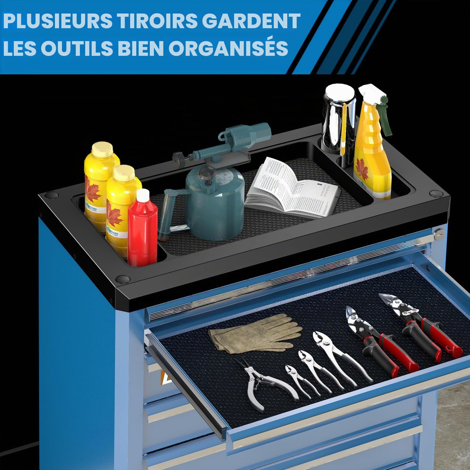 LARBANKE Chariot d'atelier Metallique,7 Tiroirs Armoires à Outils,Verrouillable Chariot,4 Roulette,Tapis antidérapants,avec Tige de Connexion,Peut être relié au Meuble à 5 tiroirs Servante d’Atelier