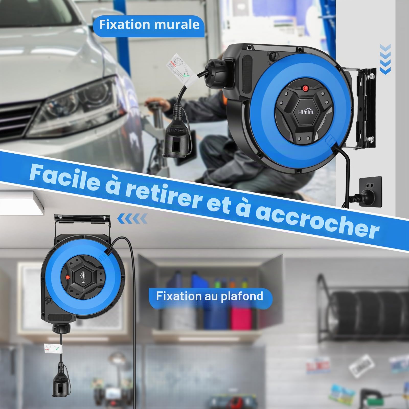 Enrouleur de câble automatique avec support 15m + 2m | enrouleur automatique electrique monté mur et plafond | 1500 W ~ 3000 W | rallonges éléctriques rotatif à 180° | Protection Degré IP44