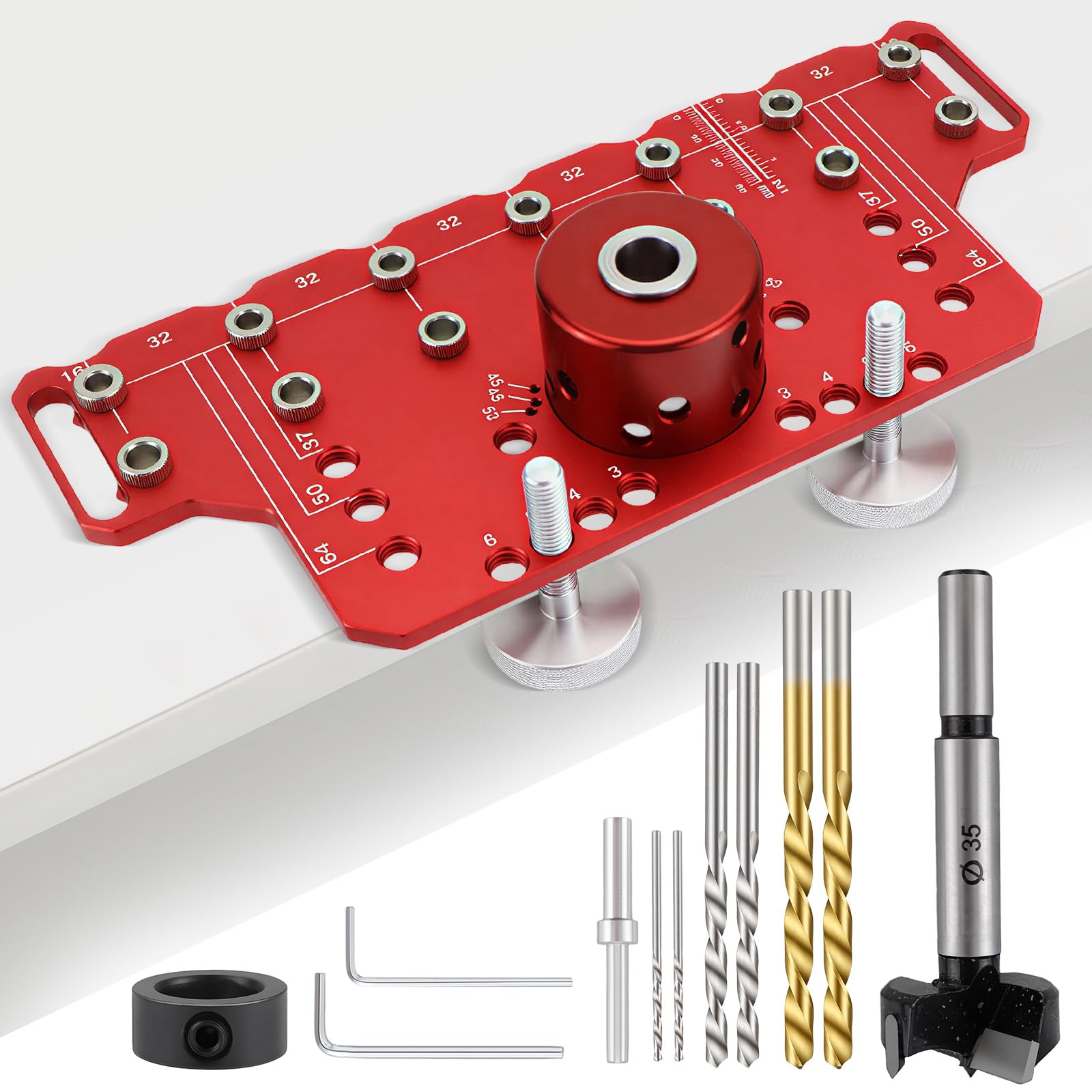 2 in 1 Bohrschablone, 35mm Scharniervorrichtung, Lochreihenschablone für Regalstifte, inkl. 5mm und 1/4 Zoll Bohrer, Präzises DIY Holzbearbeitungswerkzeug für Möbelbau