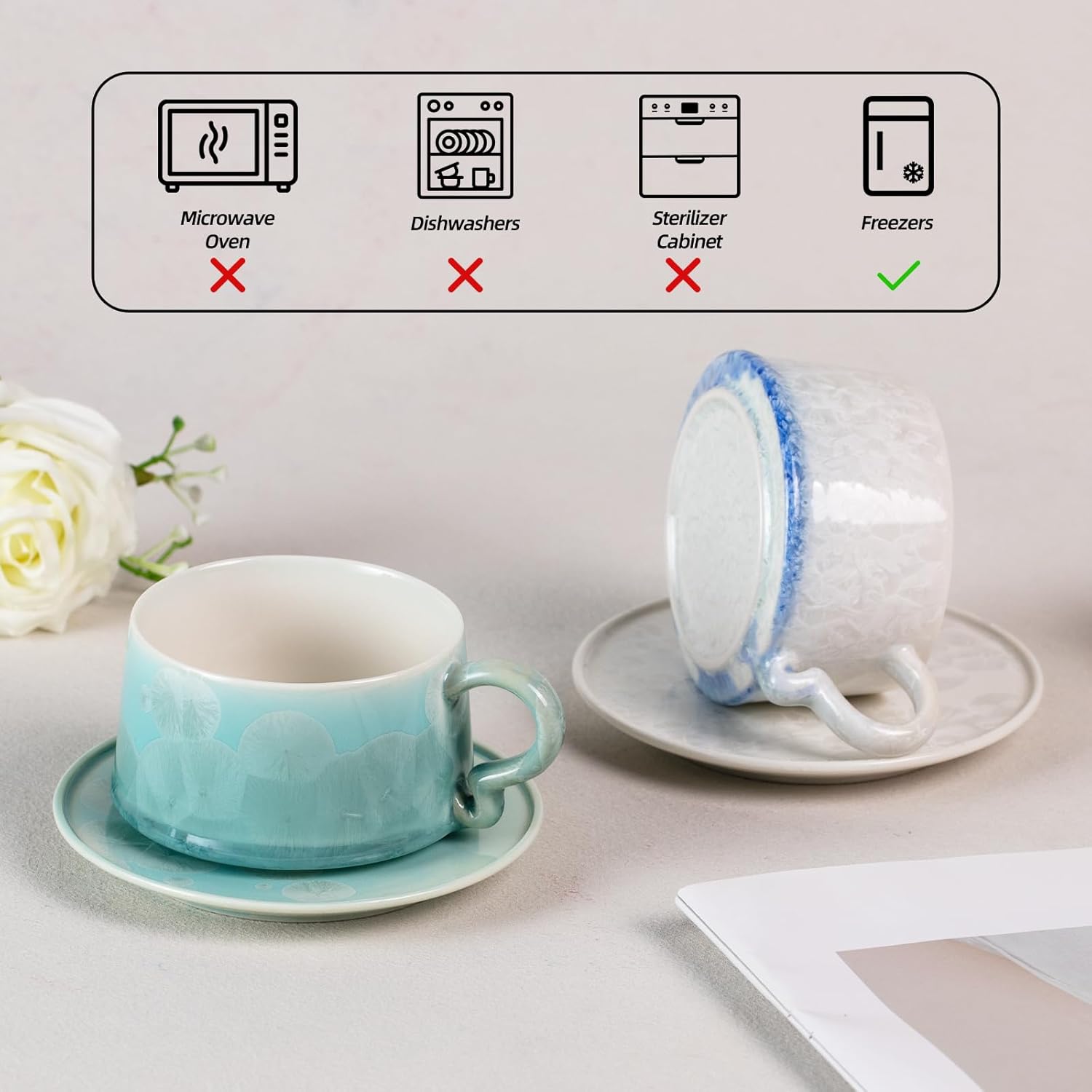 KAMMAK Tea Cups and Saucers Set of 2, Porcelain Coffee Cups, 7.5oz Crystalline Glaze Espresso Mugs, Ceramic Demitasse for Coffee, Cappuccino, Latte, Americano, Tea (Light green + Light blue)