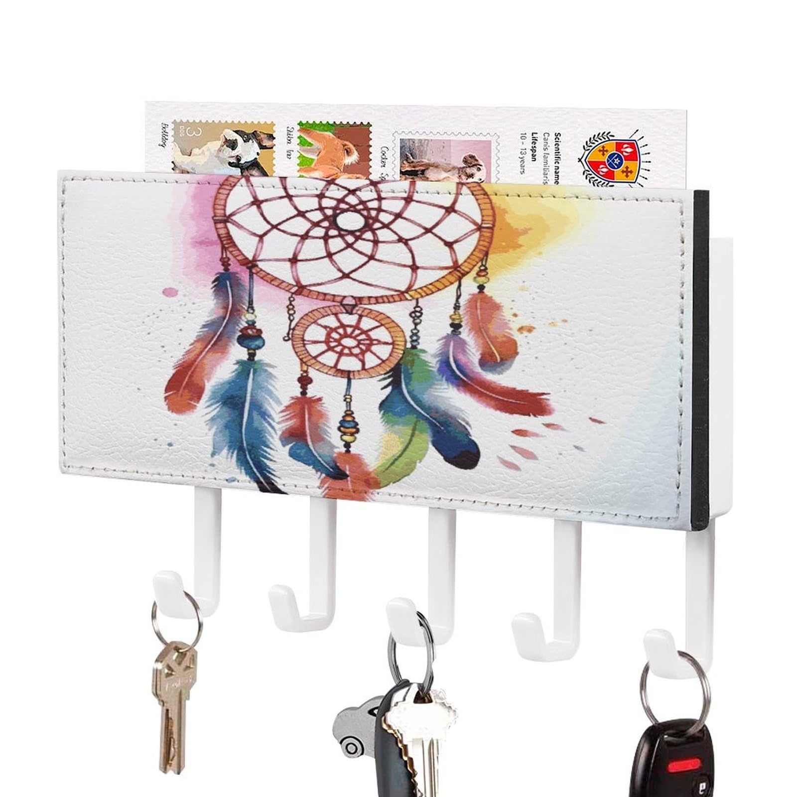 LDGSUPH Watercolor Dream Catcher Key Holder Wall Mount Key Hanger with 5 Hooks Fashion Key Organizer Rack Hanging Key Hooks with Mail Organizer Key Rack for Home Entryway Hallway White-Style
