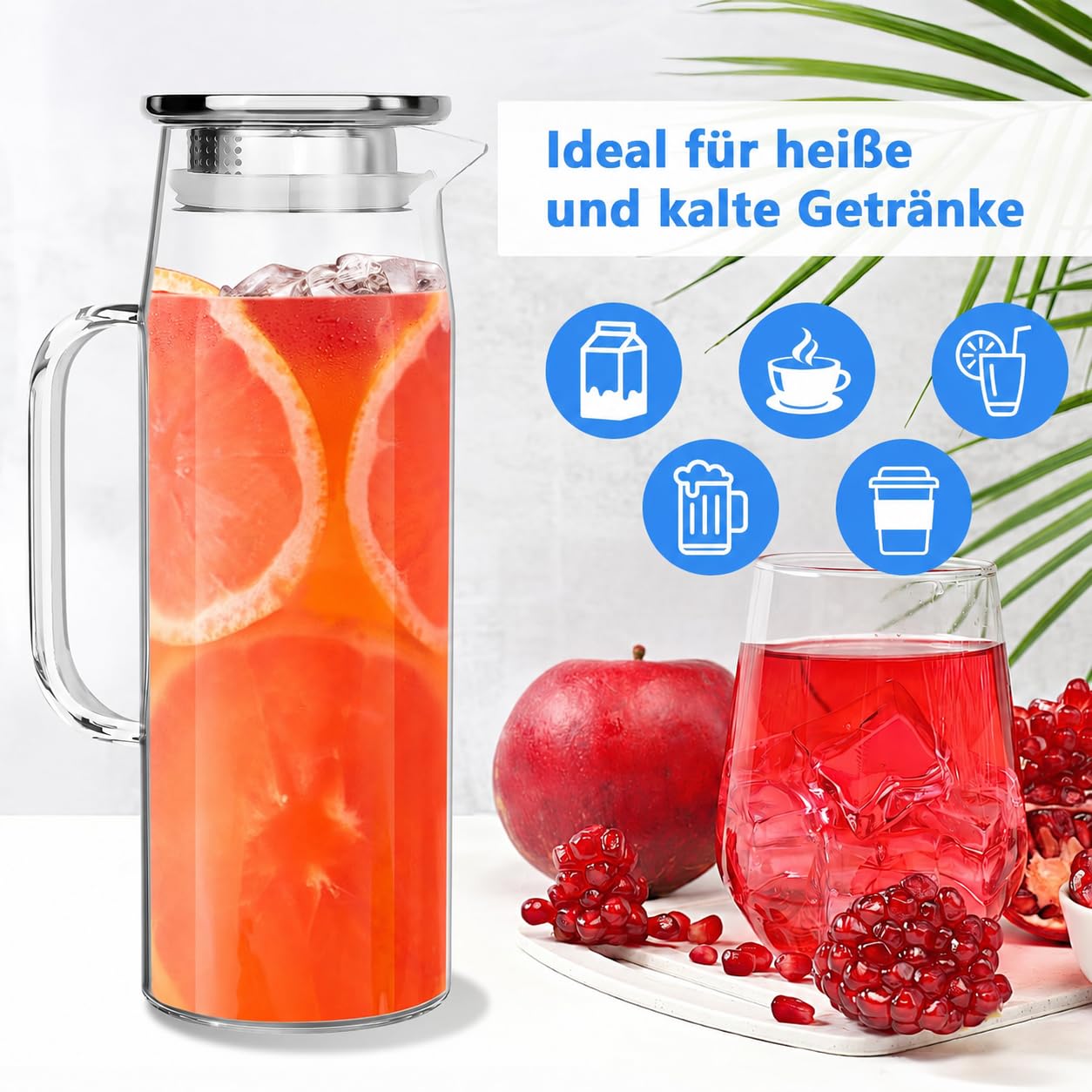 3er Set 1,5 L Wasserkaraffen, Glaskaraffe mit Deckel, Filter & Bürsten | Karaffe aus Glas für Wasser, Infused Water, Eistee und Saft – vielseitiger Wasserkrug für Küche, Esstisch, Büro und Feiern