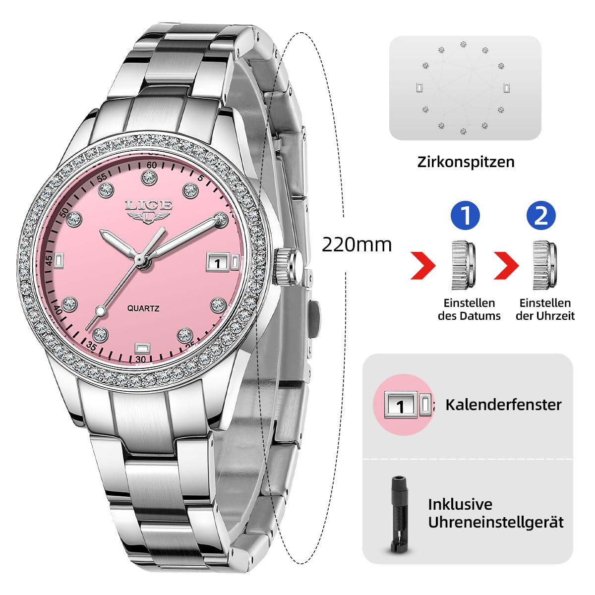 LIGE Damen Armbanduhr Quarz Analog Kristall Lünette 34mm Zifferblatt | mit Silber Metallarmband Leuchtzeiger Datumsanzeige 30M Wasserdicht Kratzfest Glas Luxus Mode Uhr Geschenk für Frauen