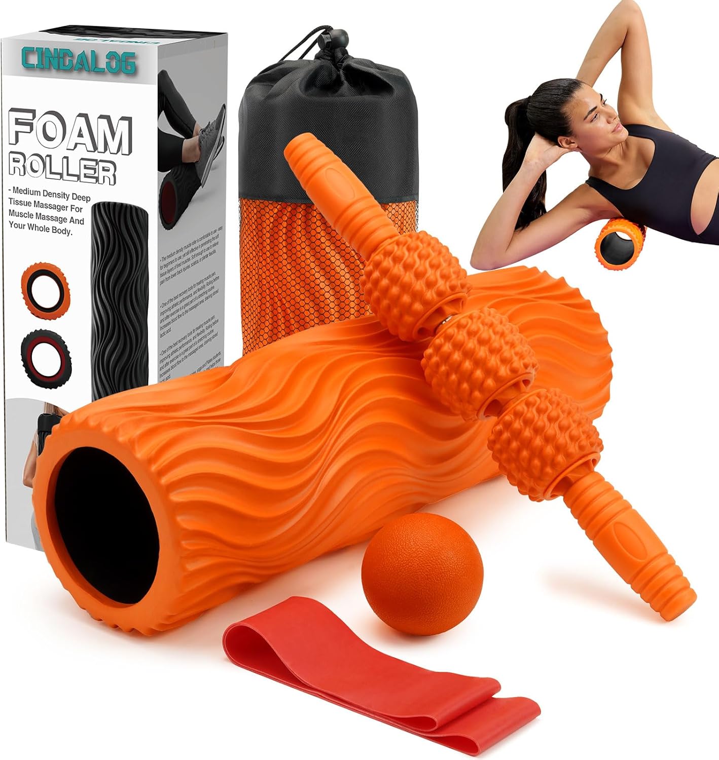 5 in 1 Foam Roller Set - Trigger Point Foam Back Roller, Muscle Roller Stick, Massage Ball, Stretching Band for Deep Muscle Massage Pilates Yoga,Fitness Exercise for Whole Body Release (Orange)