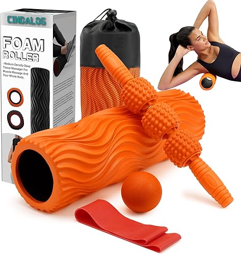 Juego de rodillos de espuma 5 en 1, rodillo de espuma de punto de gatillo, barra de rodillo muscular, bola de masaje, banda elástica para masaje