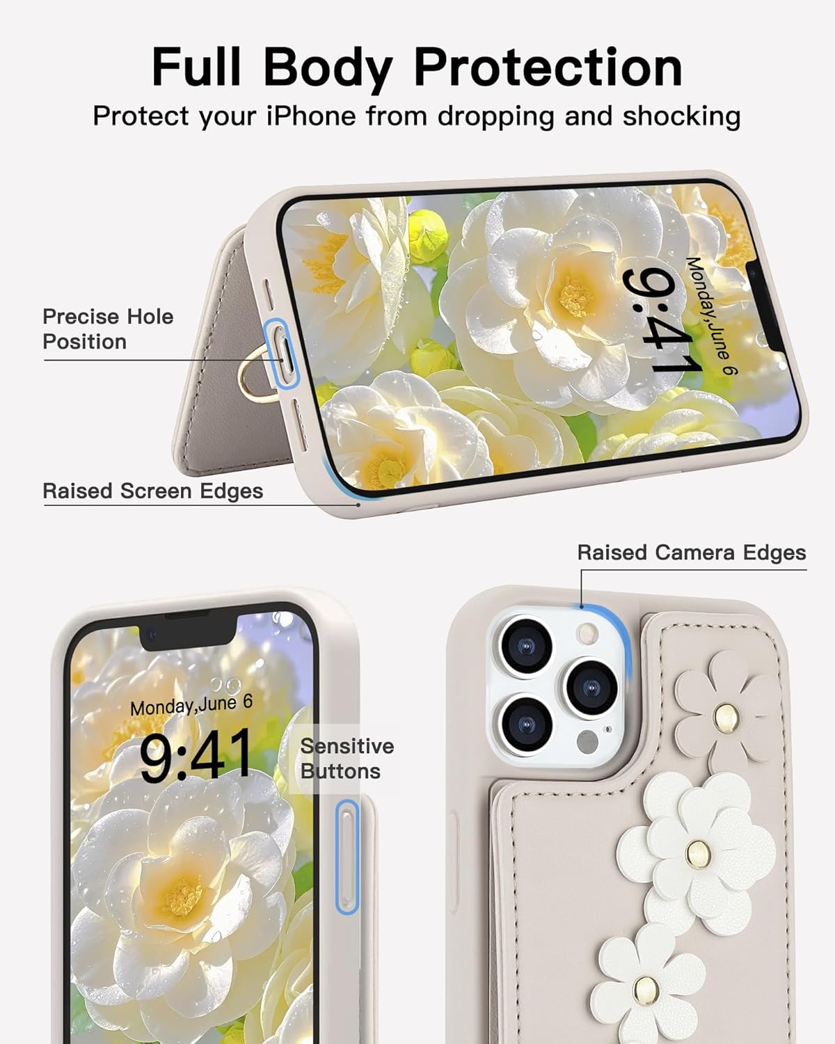 Compatible with iPhone 13 Pro Wallet Case with Card Holder for Women, Kickstand, Crossbody Lanyard, Wrist Strap Flower Leather Flip Cover Designed for iPhone 13 Pro 6.1", Beige - Image 3