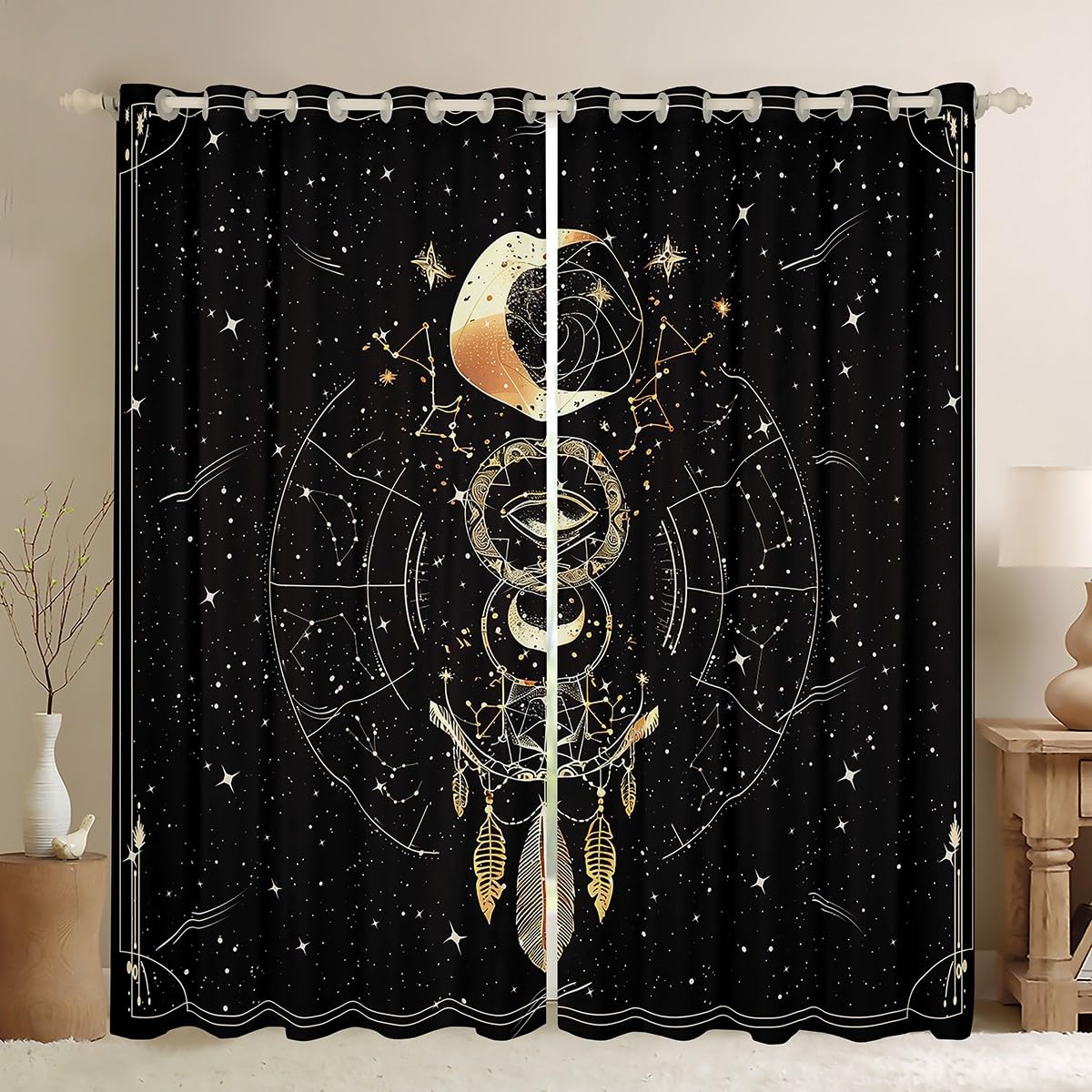 Homemissing Sun Moon Darkening Dreapes Dreamcatcher Blackout Curtains Boho Exotic Window Curtains Bohemian Galaxy Window Treatments Cosmic Celestial Curtains (2 Panels,W66*L90)