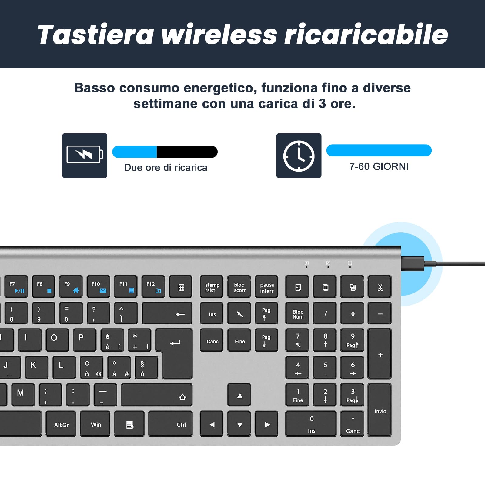 cimetech Tastiera wireless ricaricabile - Layout italiano QWERTY, digitate con facilità e raddoppiate la vostra efficienza - Tecnologia della tastiera per laptop di alta gamma （grigio）