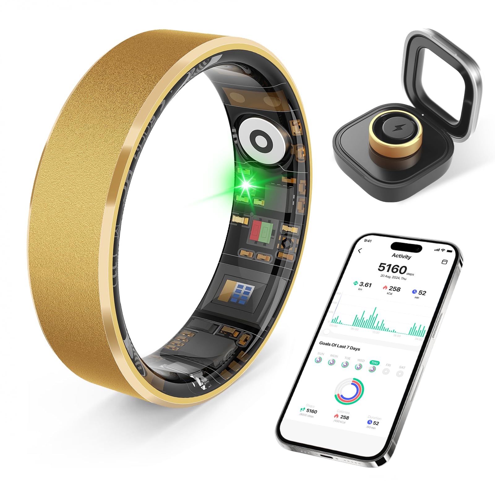 Smart Health Ring, Featuring Heart Rate, Stress and Sleep Monitoring Functions, Compatible with iPhone and Android, Waterproof Fitness Tracker for Women & Men, No Subscription Fee. (Gold, 9)