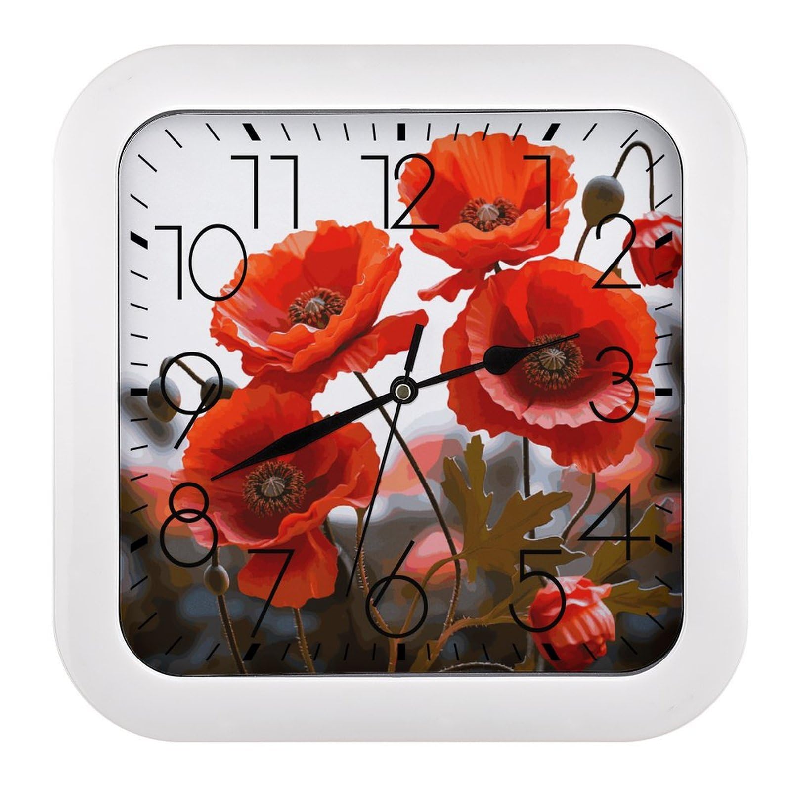 LDGSUPH Poppy Flowers Vivid Petals Wall Clock Silent Non-Ticking Modern Clock Personalized Vintage Square Clocks for Travel Office Kitchen Home Decorative Clocks 10.2 Inch