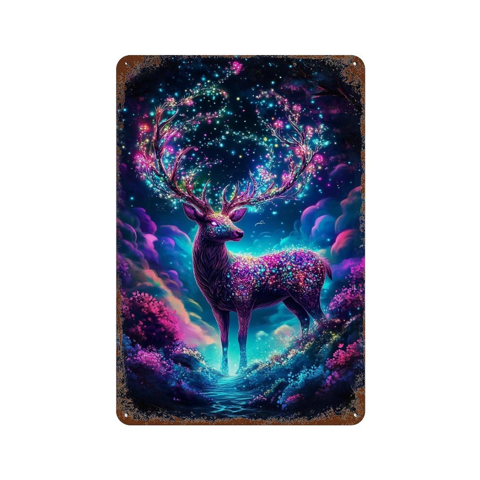 Rust Effect Mystical Fantasy Deer Rustic Tin Plaque 11.8"x7.9", Classic Wall Plaque for Shed, Workshop And Garage Wall Decor