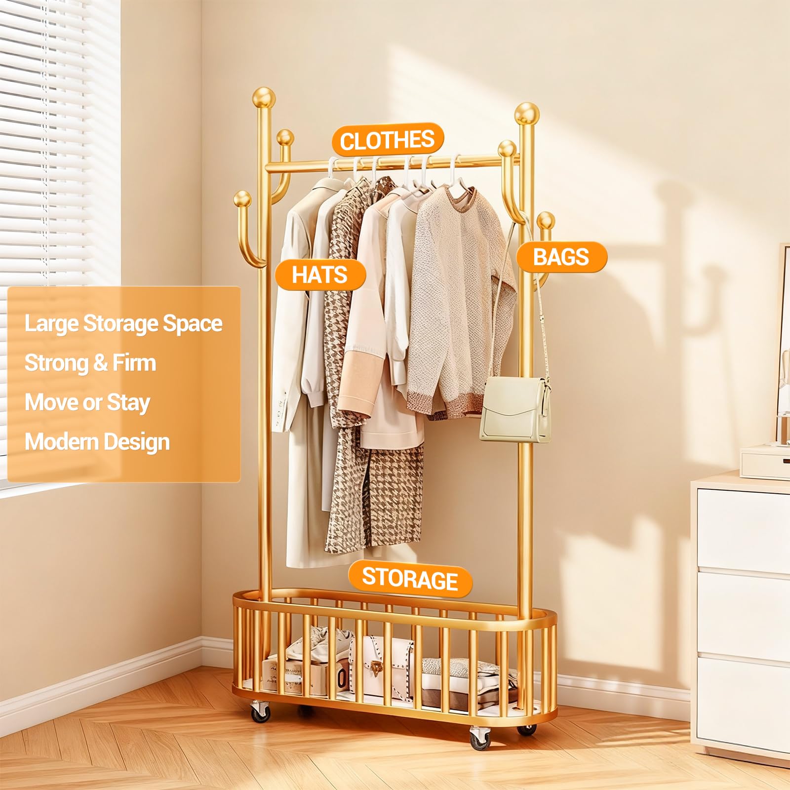 Garvee Perchero Rodante de Metal Portátil con Ruedas y Cesta de Almacenamiento - Soporte Resistente de 80 cm para Ropa - Perfecto para Dormitorio, Lavandería y Sala, 80an. x 175al. Dorado