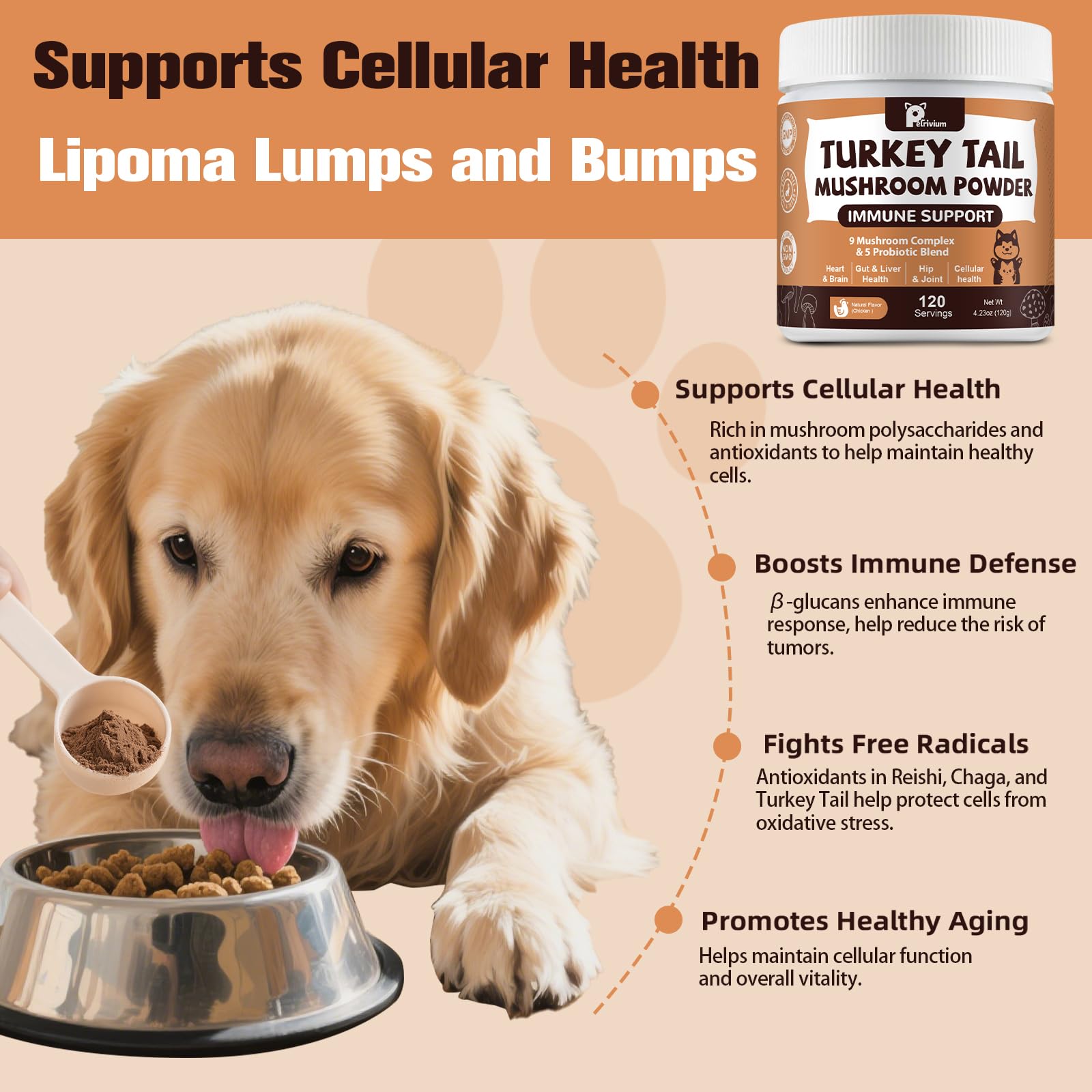 Turkey Tail Mushroom for Dogs, Mushroom Supplements with Probiotics for Dog & Cat - Lion`s Mane - Reishi - Mushroom Powder for Immune Boost &, Digestive- Dogs Lumps and Bumps — Amazon image 4
