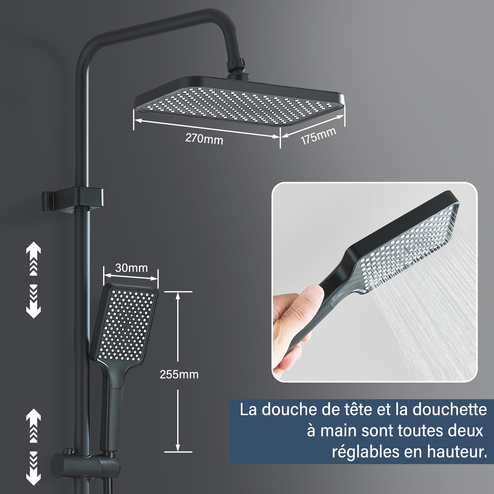 Colonne de Douche Noir Système de Douche Réglable en Hauteur Ensemble de Douche 4 Modes avec Pommeau Carré Douchette à Main