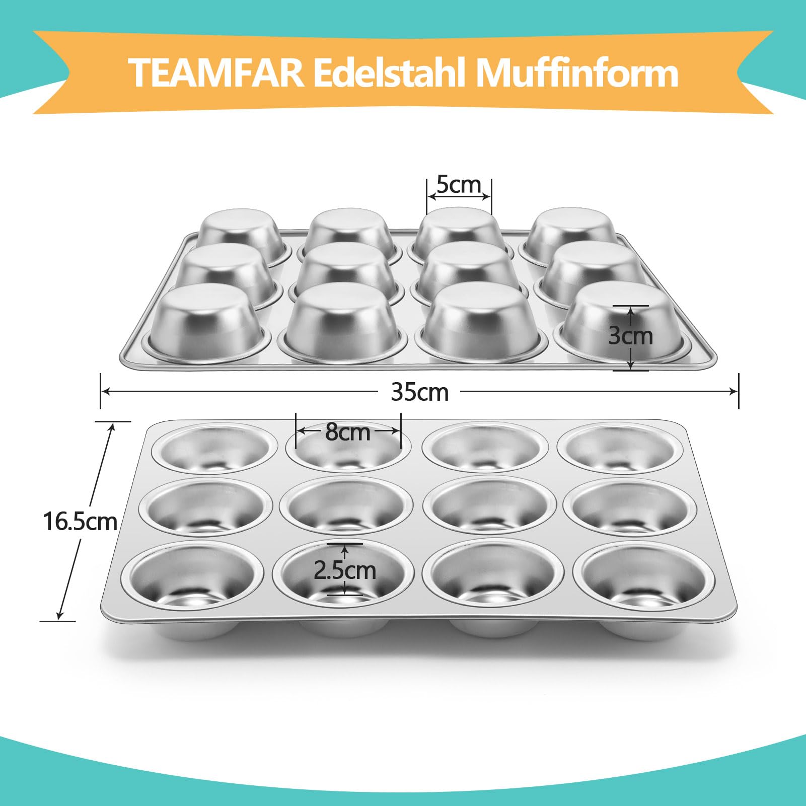 TEAMFAR Juego de 2 moldes para muffins, de acero inoxidable, para 12 magdalenas, 3 cm de profundidad, para cupcakes, brownies, pasteles, aptos para lavavajillas
