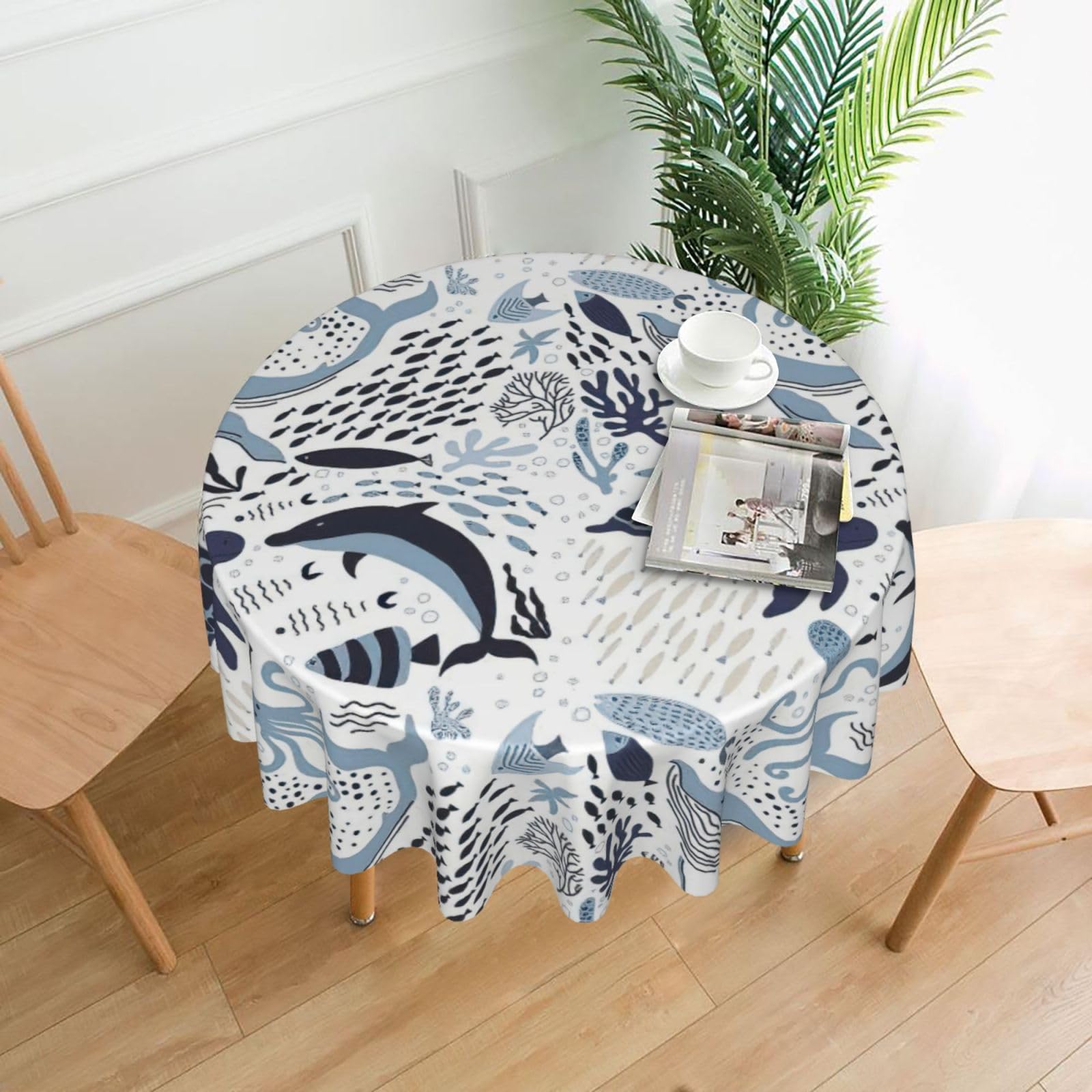 SDEGTHO Turtle Octopus Pattern Ocean Theme Print Modern Retro Round Tablecloth 60in Polyester Fabric Cover for Party Dining Table Washable