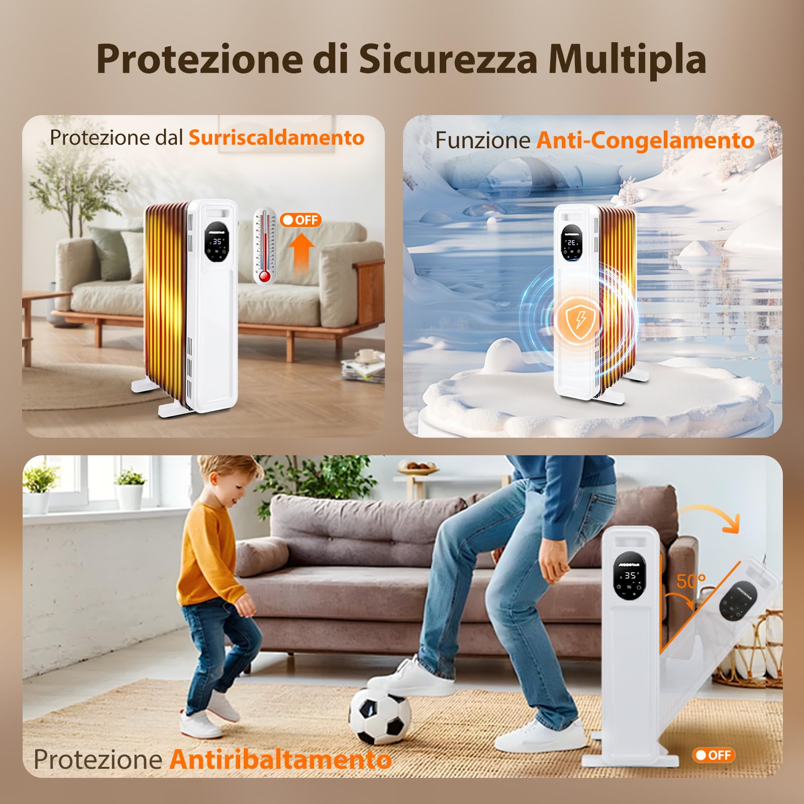 Aigostar Radiatore ad Olio 2500W, 13 Elementi Riscaldatore Elettrico Portatile, 3 Livelli di Calore, Modalità ECO, Timer 24H, Touch screen digitale, Telecomando, Hyperheat, Protezione Multipla, 60mq