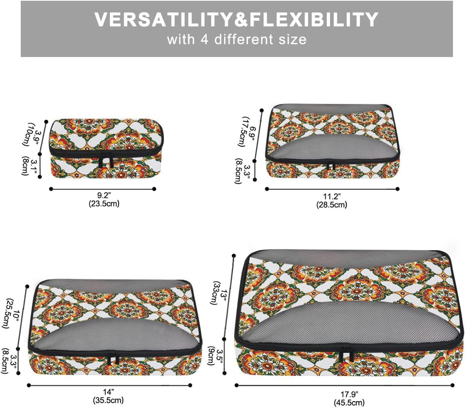 4 Pcs set suitcase organizer bags Mesh Travel Essentials Mandala Indian Inspired Pattern lightweight packing cubes set