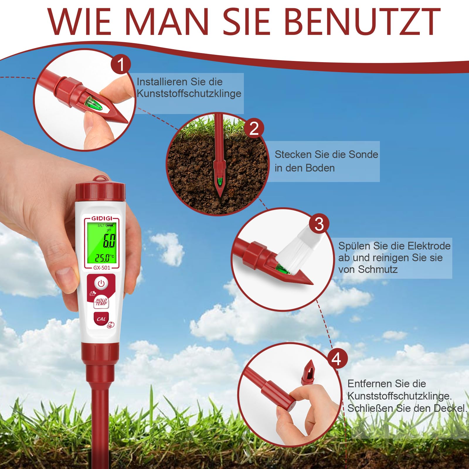 Digitaler Boden-pH-Messgerät, pH-Tester für Topfpflanzen, elektronischer pH-Test für Garten, Rasen, Innen- und Außenbereich, Gewächshaus, Landwirtschaft, Hof