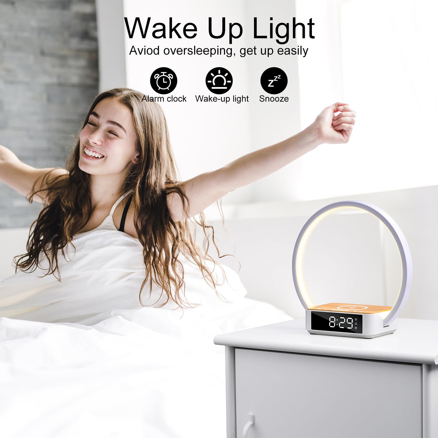 Morwealth LED Bureaulamp Met 10W Draadloos Opladen, 3 Kleuren en 5 Helderheidsniveaus, Dimbaar Bedlamp, Klok, Datum, USB-Oplaadpoort, Touch Control, Opvouwbare Tafellamp