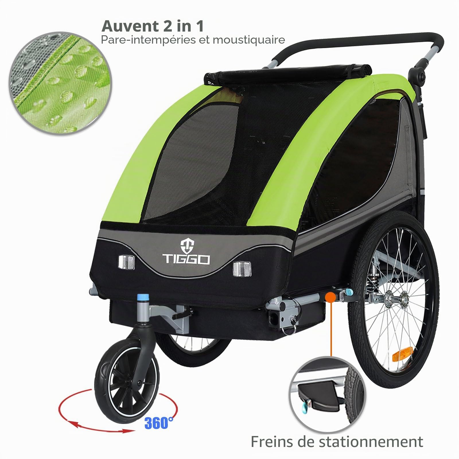 Tiggo S2 Remorque pour Enfants 2 en 1 Velo Suspension 5 Points Ceinture de securite 360° Roue Jogger Poussette