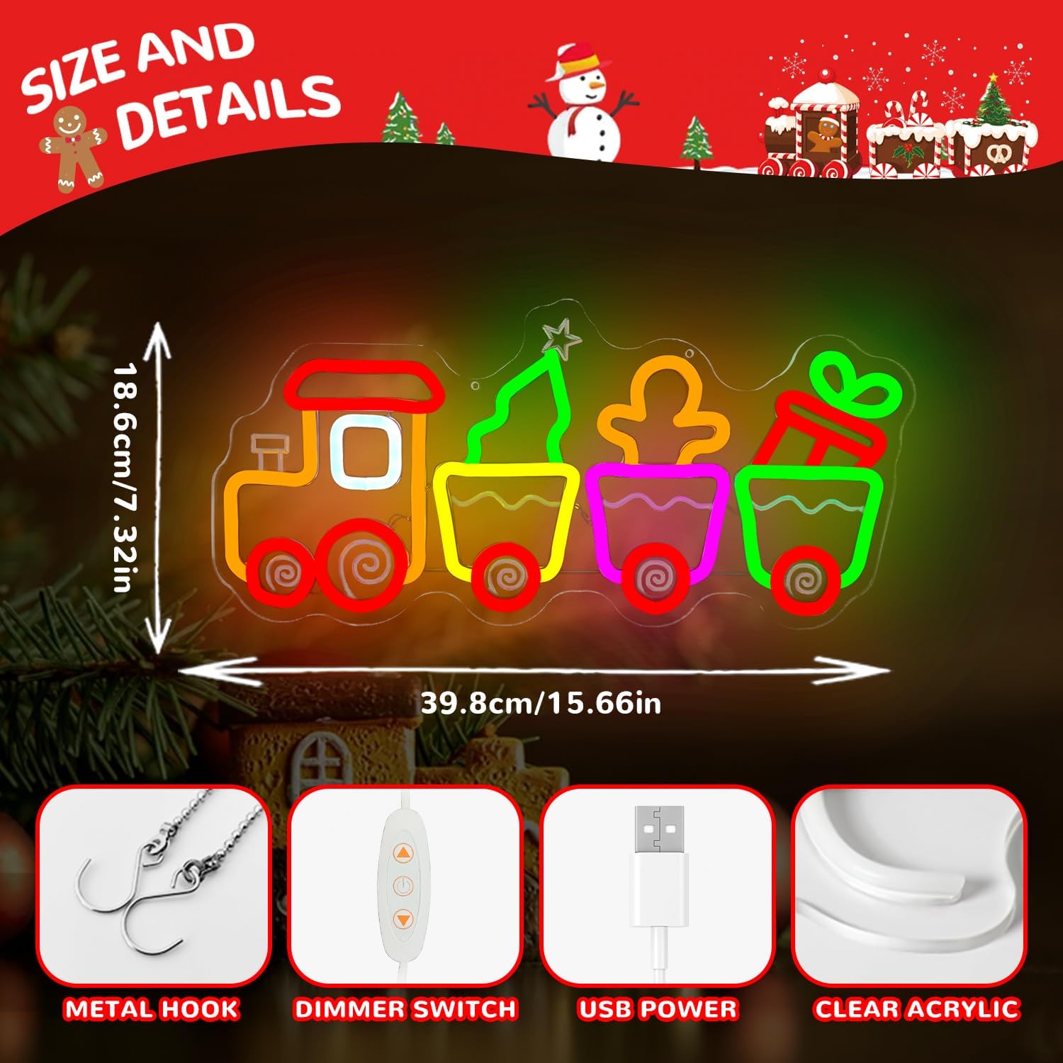 Christmas Train Neon Sign Gingerbread Train Led Sign Neon Christmas Lights Dimmable Light Up Sign Holiday Led Wall Decor for Home Cute Xmas Gift for Kids - Image 4