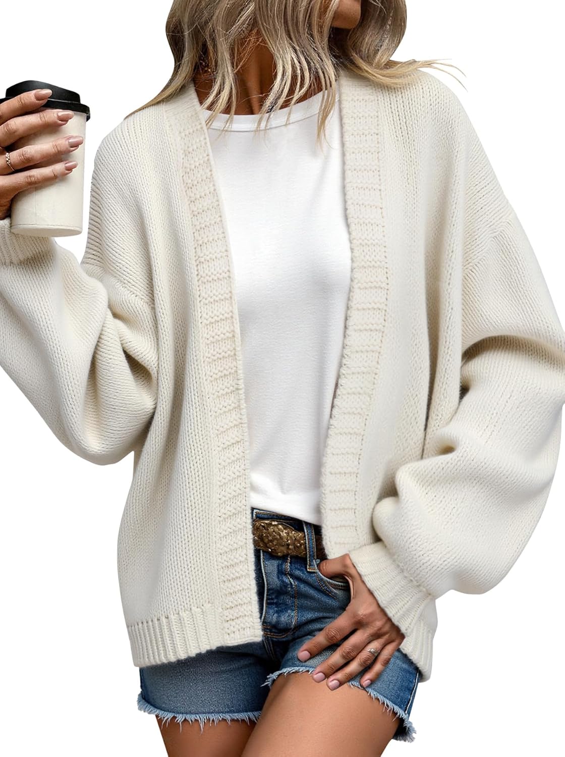 Women’s Chunky Knit Cardigan Open Front Sweater, Oversized Lantern Sleeve Fall Winter Loose Knitwear Casual Outwear Jacket - Image 4
