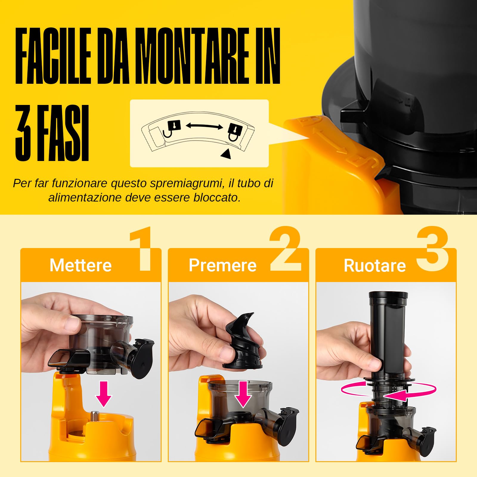Ventray Ginnie Estrattore Frutta e Verdura - Slow Juicer 60 Giri/Min- Estrattore di Succo con Funzione di Masticazione Inversa, Facile da Pulire, Senza BPA, Cold Press, Spremiagrumi Elettrico, Giallo