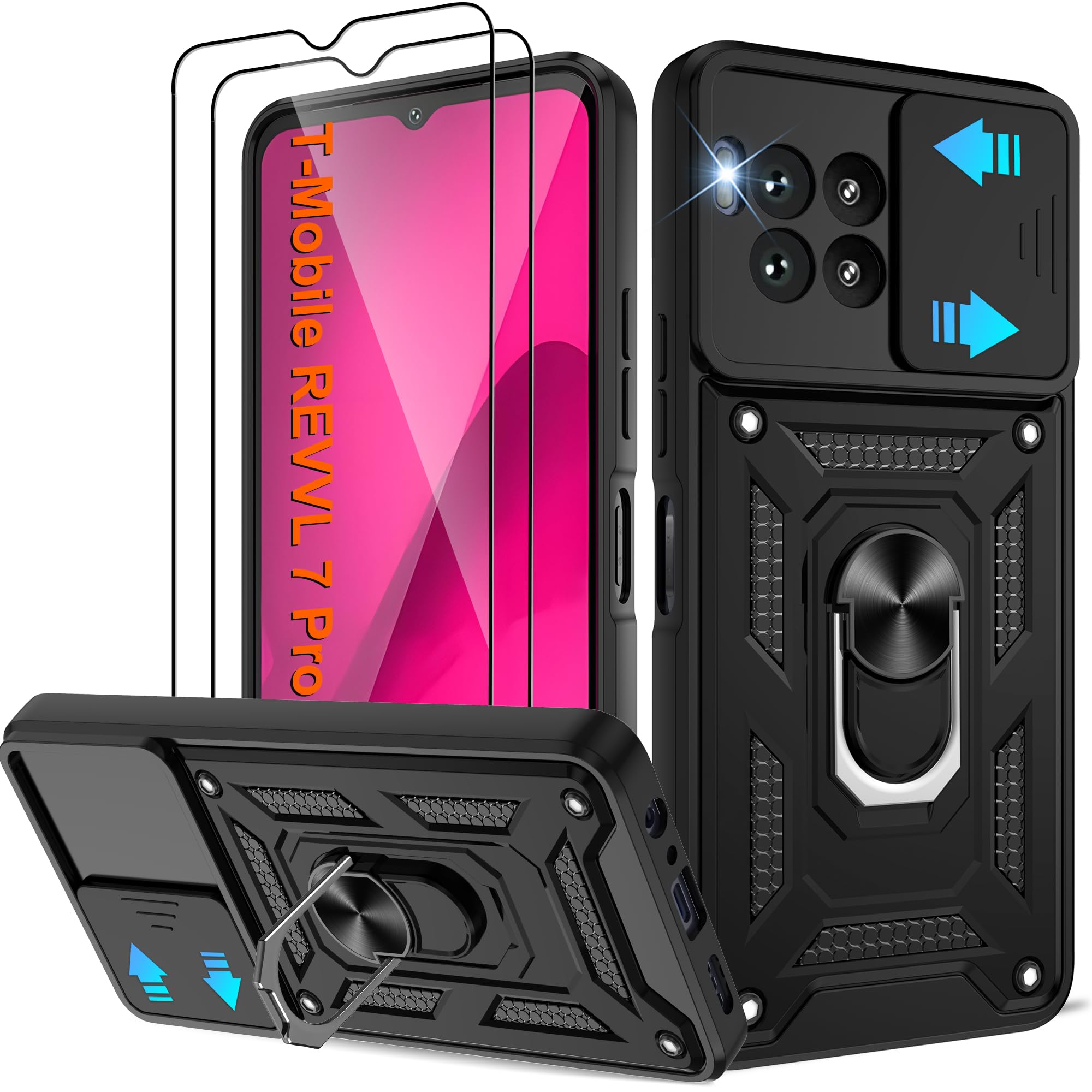 ATUMP for T-Mobile REVVL 7 Pro 5G Case with (2 Pcs) HD Screen Protector, Heavy Duty Shockproof with 360° Rotation Metal Kickstand [Military Grade]