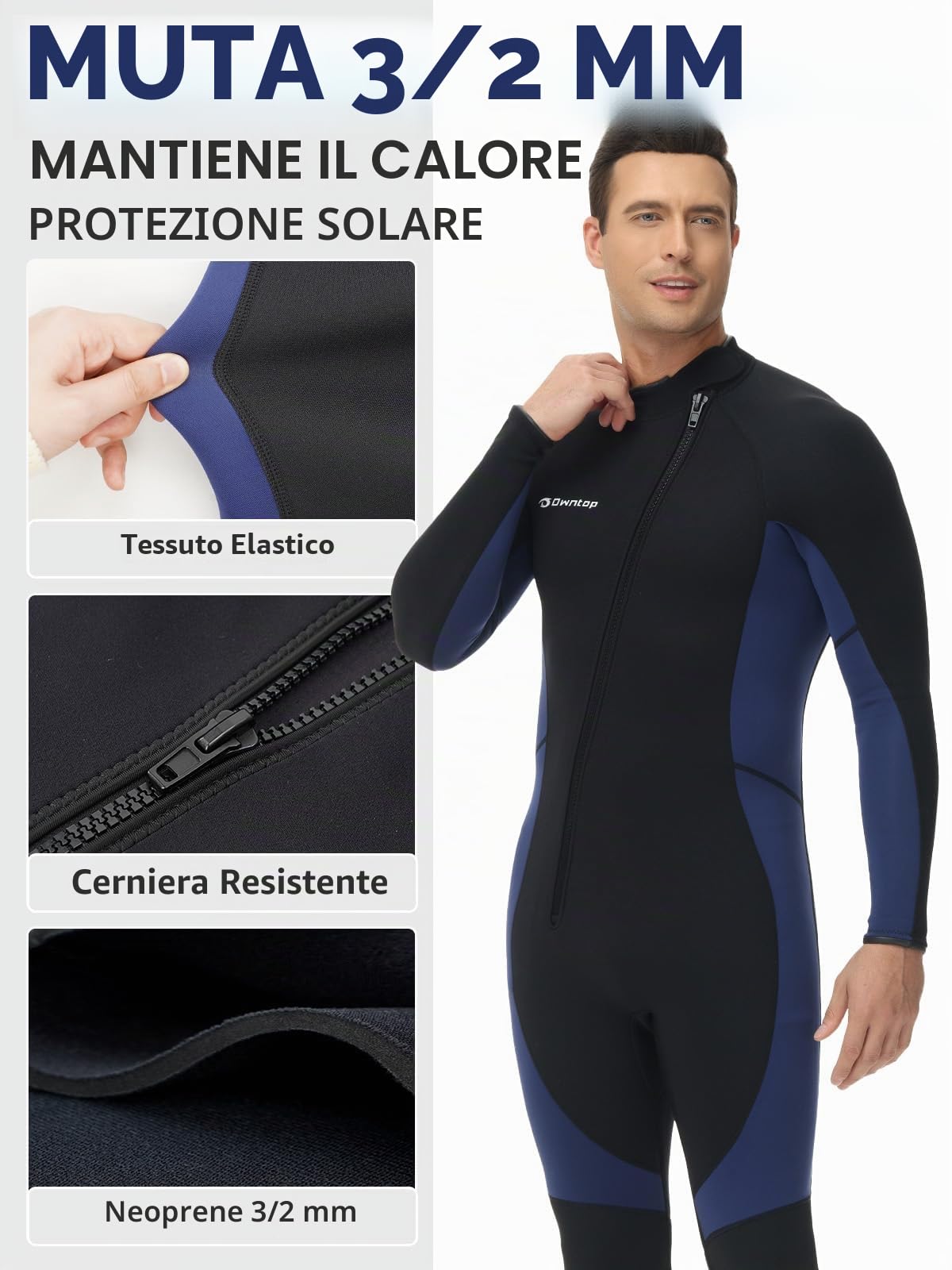 Owntop Muta da Uomo 3/2mm - Muta da Sub Completa con Zip Frontale, Stretch Pro Neoprene Wetsuit Termica Lunghezza Completa per Surf Snorkeling, Herren Blau 3XL