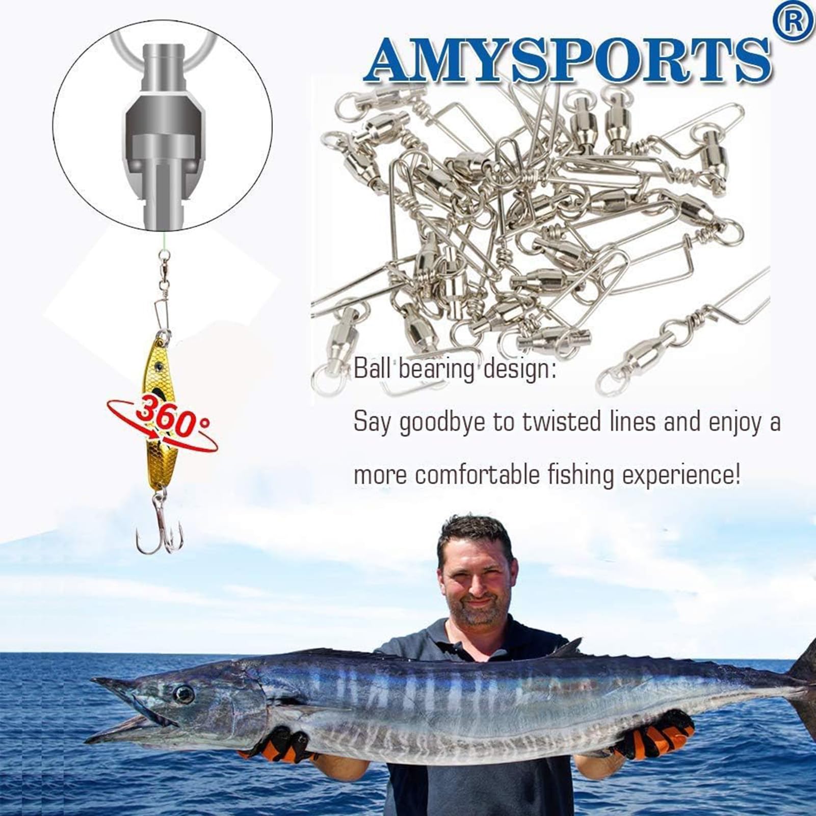 AMYSPORTS Wysoka wytrzymałość wędkarstwo zatrzaskowe krętliki łożysko kulkowe obrotowe nierdzewne krętliki wędkarskie odporność na słoną wodę korodująca beczka obrotowa do łowienia na słodkich wodach