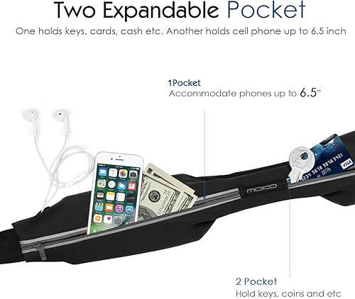 Miniatura 2 de MoKo Cinturón deportivo para correr, doble bolsa para exteriores, paquete de cintura reflectante y delgado, para entrenamiento de fitness,